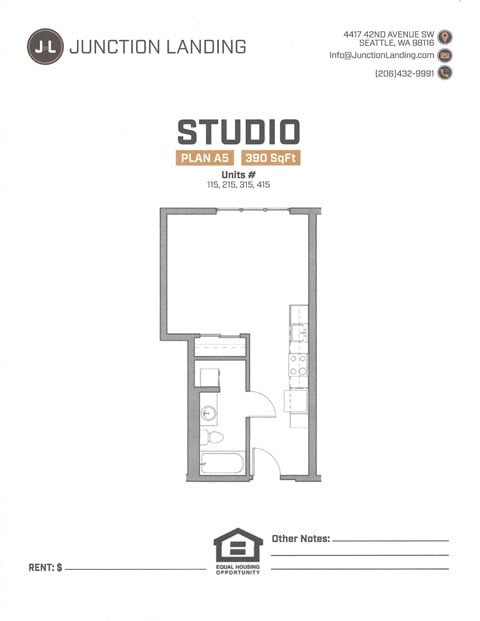 Floor plan for studio, 1 bath, 390 sqft